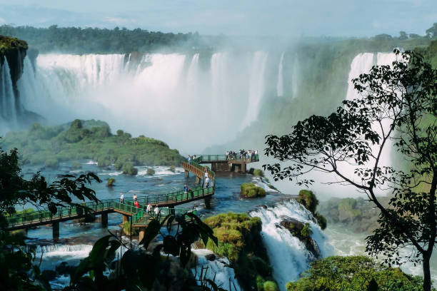 Tourists walking along the footbridges of the Iguazu River in Argentina