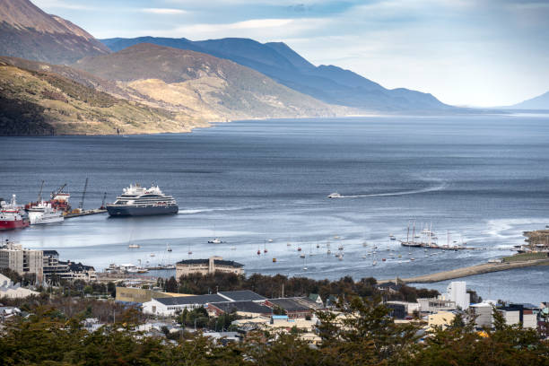 Ushuaia and Beagle Channel at sunset from the Martial Glacier. The city, the port and the mountains